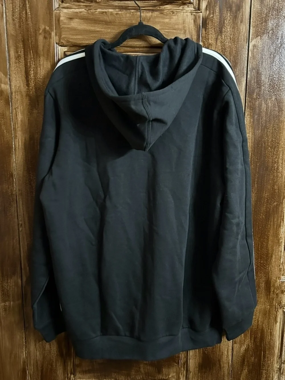 Men’s  Black Zip-Up Hoodie Jacket with White Three-Stripes - Picture 3 of 7
